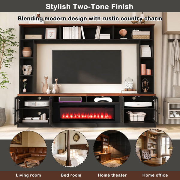 English Elm U-can Modern Farmhouse Wall Unit with Electric Fireplace Bookshelves and Glass Cabinet Doors Black+Brown SJ000153AAAB