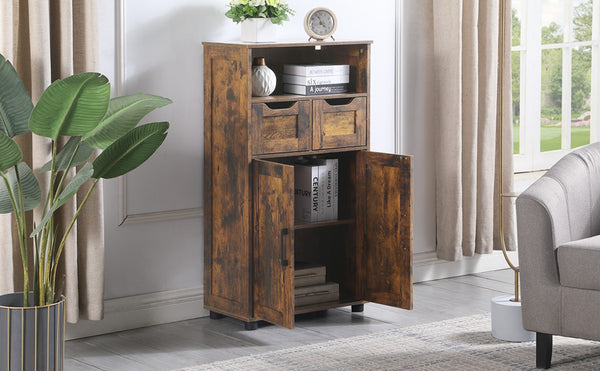 English Elm Tall Rustic Brown Storage Cabinet with 2 Large Drawers, Adjustable Shelf, Versatile Organizing for Home Offices, Kitchens, Bathrooms Durable Finish and Smooth-Glide Drawers W3151P345972