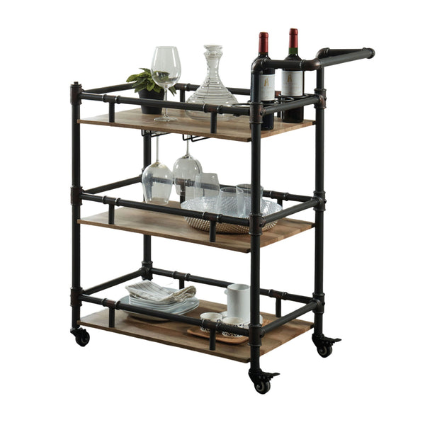English Elm Industrial Industrial Style Antique Black Oak 3-Tier Serving Cart with Metal Pipe Frame, Wheels - Rustic Server B011P191544