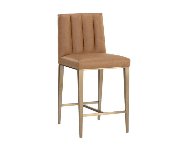 Sunpan Wilbur Barstool - Minimalist Design in Milliken Cognac Faux Leather with Stylish Stainless Steel Legs Counter Height