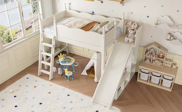 English Elm Twin Loft Bed Solid Pine Frame with Wardrobe Shelving Detachable Slide Kids Room Beige W5305S00018