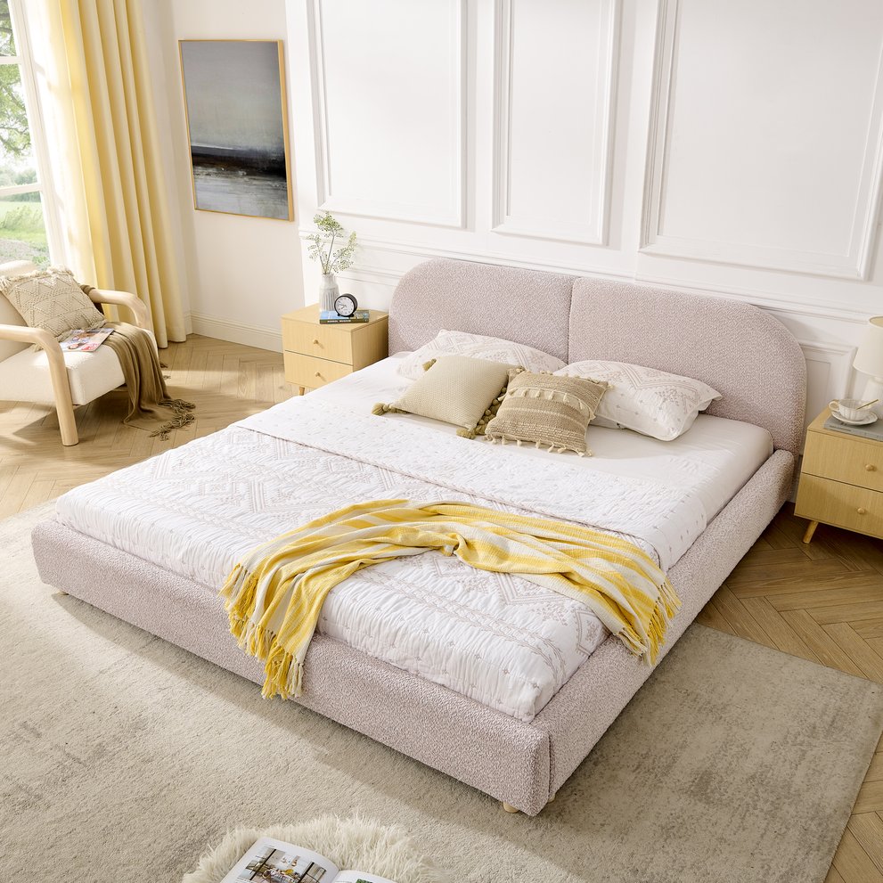 English Elm King Platform Bed Fully Upholstered in Plush Chenille with Low Profile Modern Frame Pink W487S00476