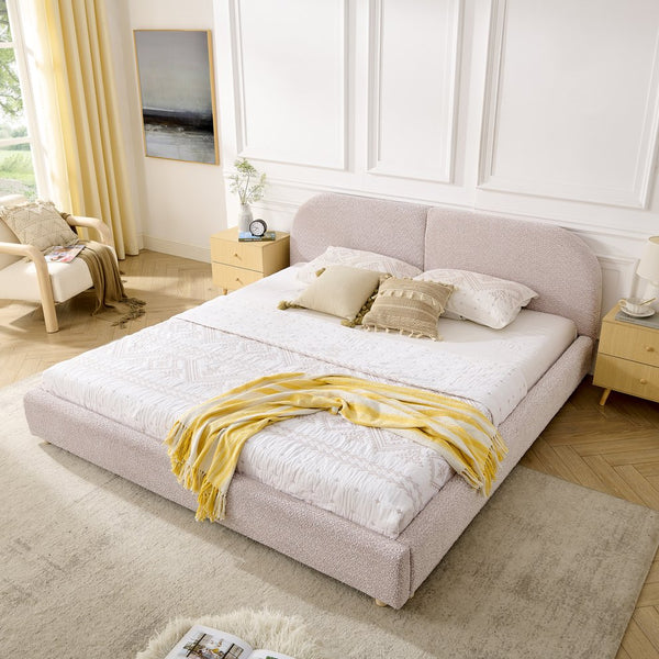 English Elm King Platform Bed Fully Upholstered in Plush Chenille with Low Profile Modern Frame Pink W487S00476