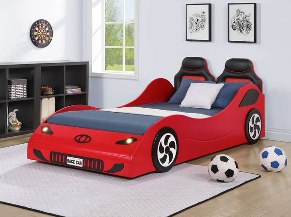 English Elm Colen Red Finish Twin Car Bed with LED Lights, PU Upholstery, Wheels Trim, No Box Spring Needed B2726S00075