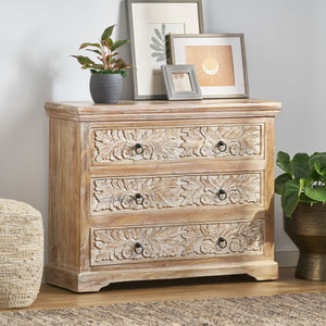 English Elm Christopher Knight Home® - Acacia Handcrafted 3-Drawer Dresser 40" Wide Whitewash & Natural Boho Accent Cabinet with Rings 71756.00
