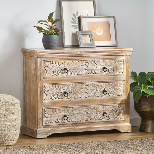 English Elm Christopher Knight Home® - Acacia Handcrafted 3-Drawer Dresser 40" Wide Whitewash & Natural Boho Accent Cabinet with Rings 71756.00