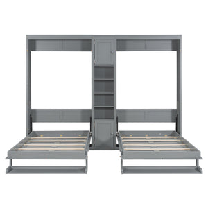 English Elm Dual Twin Murphy Beds with Built-In Cabinets & Shelves for Space-Saving Guest Rooms and Studios Gray N820S00058E