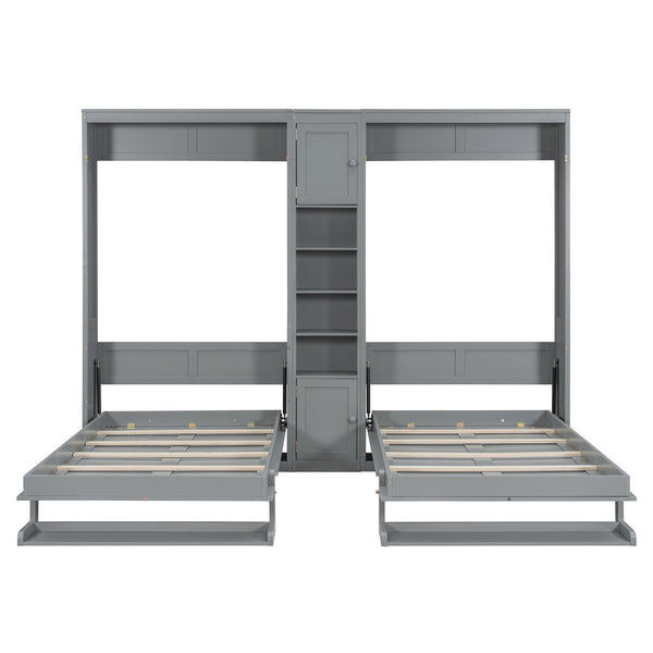 English Elm Dual Twin Murphy Beds with Built-In Cabinets & Shelves for Space-Saving Guest Rooms and Studios Gray N820S00058E