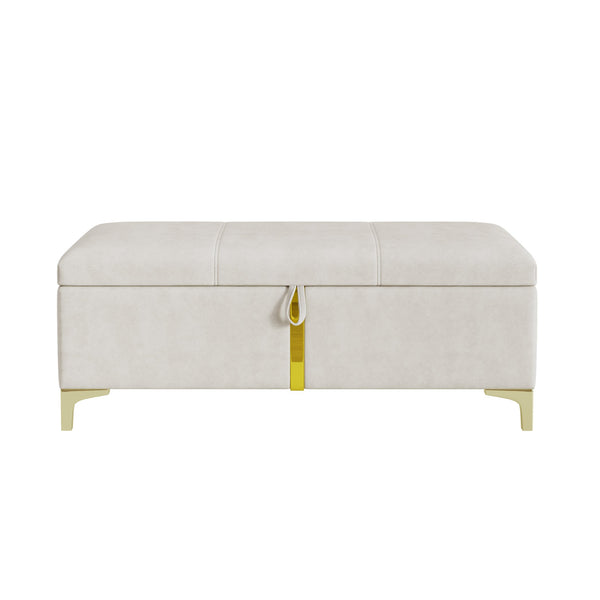 English Elm 2-pieces Queen Platform Bed Set Pu Upholstered Hydraulic Storage with Gold Accent Ottoman N733S362242A