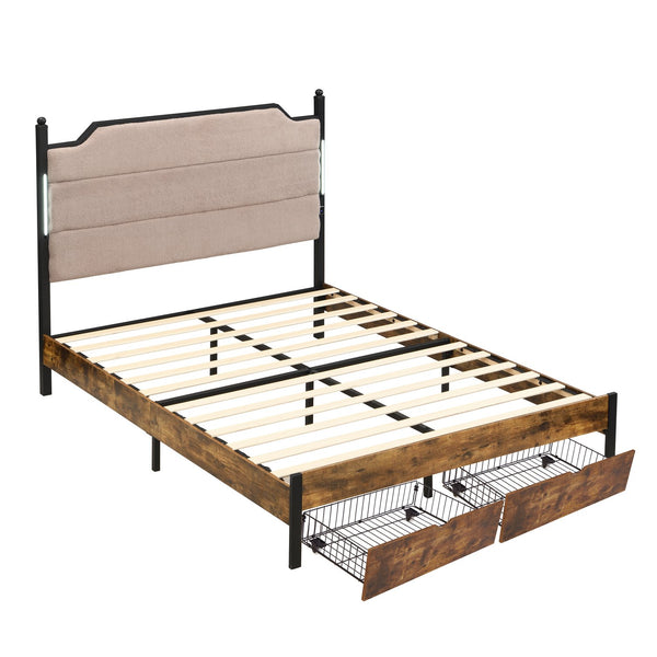 English Elm Queen Upholstered Storage Bed Lamb Fleece Headboard Led Lighting Two Drawers Included W311S00065