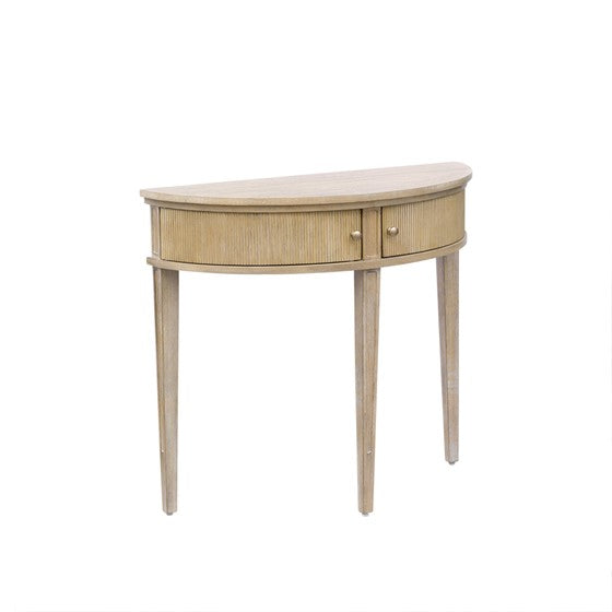 English Elm Storage Console Table Reclaimed Wheat 36" — Vintage Demilune Entry Accent w/ Fluted Doors & Bronze Knobs B035P148426