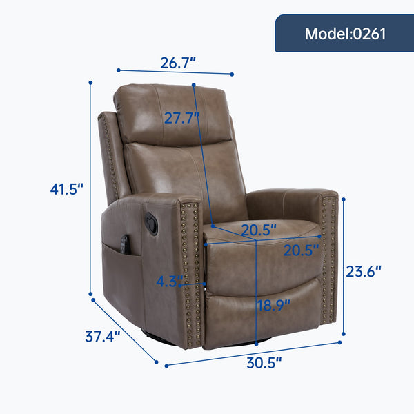 English Elm Camel Genuine Leather Massage Rocker Swivel Recliner with Heat and Lumbar Relief W1803P323716