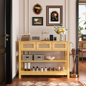 English Elm 43.3" Farmhouse Console Table Rattan Drawer Fronts Open Shelving Entryway Storage Natural Wood T3210P426416