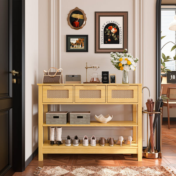 English Elm 43.3" Farmhouse Console Table Rattan Drawer Fronts Open Shelving Entryway Storage Natural Wood T3210P426416