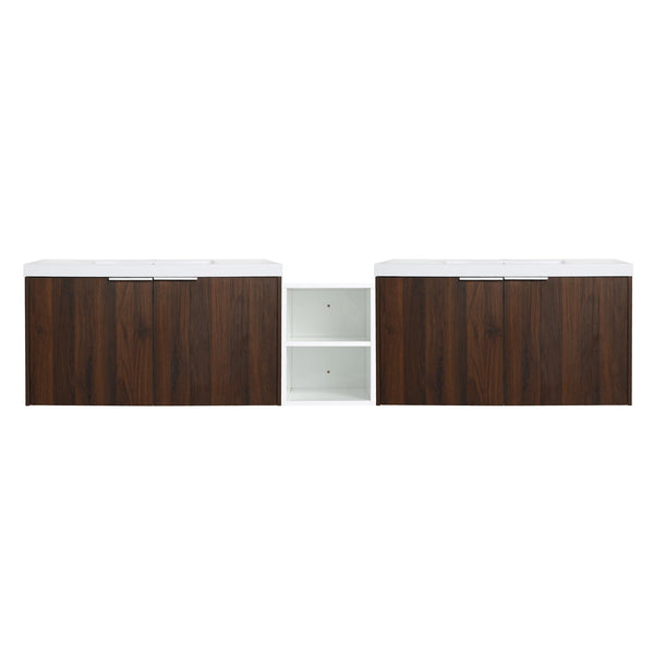 English Elm 84 Inch Wall Mounted Vanity with Dual Resin Sinks, Soft Close Doors, Metal Handles, Ample Storage Space California Walnut W999S00191