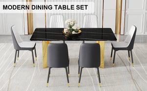 English Elm Table And Chair Set - Elegant Glass Top With Imitation Marble & Gold Legs, 6 Stylish Pu Dining Chairs W1151S04338-GIGA