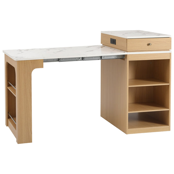 English Elm K&K Modern Extendable 59.5" Kitchen Island with Double-Sided Storage, Power Outlet & Casters Natural N707S000017Y