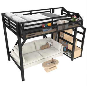 English Elm Twin Metal Loft Bed with Wardrobe Shelves Storage Stairs Led Lighting Usb Ports W1580S00404