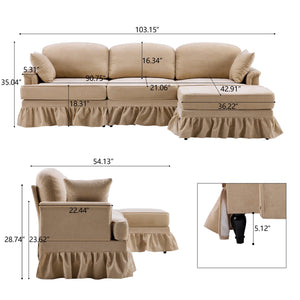 English Elm 103.15'' Chenille L-shaped Sectional Sofa with Detachable Pleated Skirt and Ottoman Khaki W3612S00045