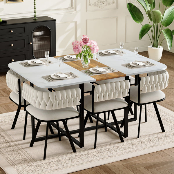English Elm 7-piece Rectangular Dining Set Faux Marble Velvet Chairs Modern Apartment Table W3875S00133