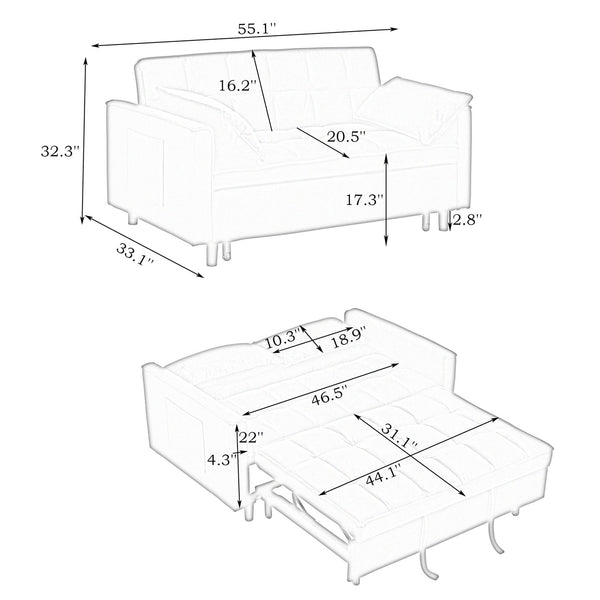 English Elm Modern Velvet Sofa Pull-Out Bed 3-in-1 Convertible Love Seat with Pillows, Spacious 500lb Support Pink W3371P314997