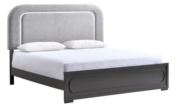 English Elm Wave King Bed Upholstered Fabric Headboard with Led Accents and Wenge Wood Frame B078S00703
