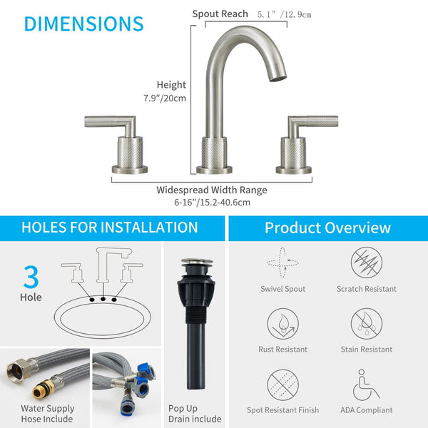 English Elm Bathroom Faucet Brushed Nickel 2 Handle Widespread Sink Faucet With 360° Swivel Spout & Drain T3177P277502