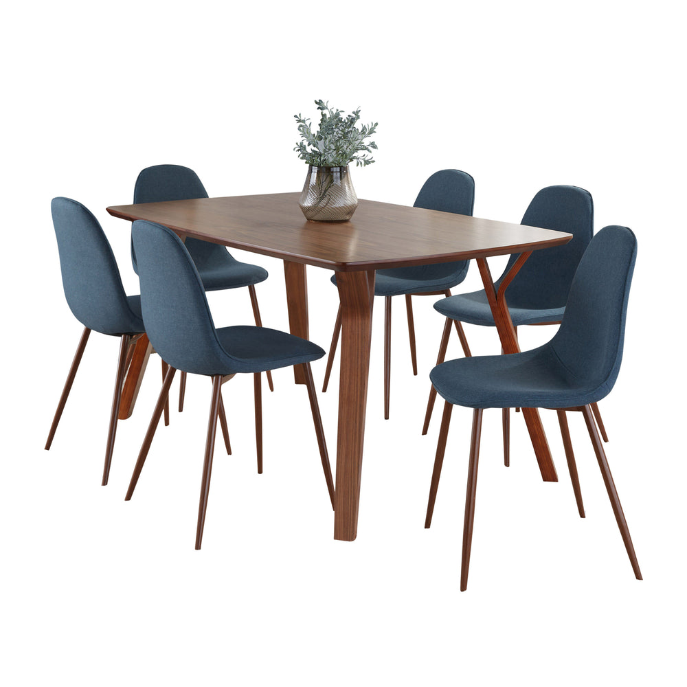 English Elm Folia Seven Piece Mid-century Dining Set Walnut Finish Table with Blue Upholstered Chairs B202S01439