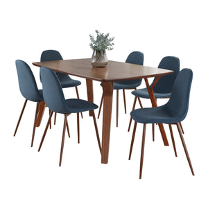 English Elm Folia Seven Piece Mid-century Dining Set Walnut Finish Table with Blue Upholstered Chairs B202S01439
