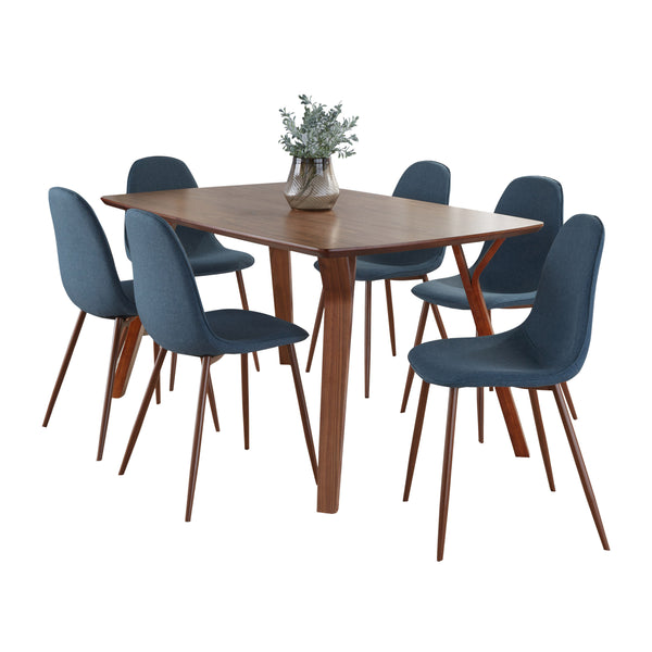 English Elm Folia Seven Piece Mid-century Dining Set Walnut Finish Table with Blue Upholstered Chairs B202S01439