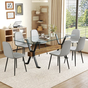 English Elm Table And Chair Set - Modern 79" Glass Top With X-Shaped Black Metal Legs & 6 Light Gray Linen Chairs W1151S03604-GIGA