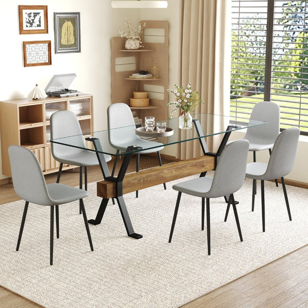 English Elm Table And Chair Set - Modern 79" Glass Top With X-Shaped Black Metal Legs & 6 Light Gray Linen Chairs W1151S03604-GIGA