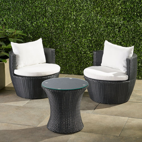 English Elm Christopher Knight Home® - KONO Woven Outdoor 3-Piece Patio Chat Set with Aluminum Frame, Tempered Glass Table, Cushions Black+Ivory 53142.00ALU