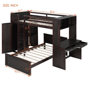 English Elm Twin Loft Bed System with Wardrobe Desk and Shelving for Kids Shared Bedroom Espresso LT000820AAP-1