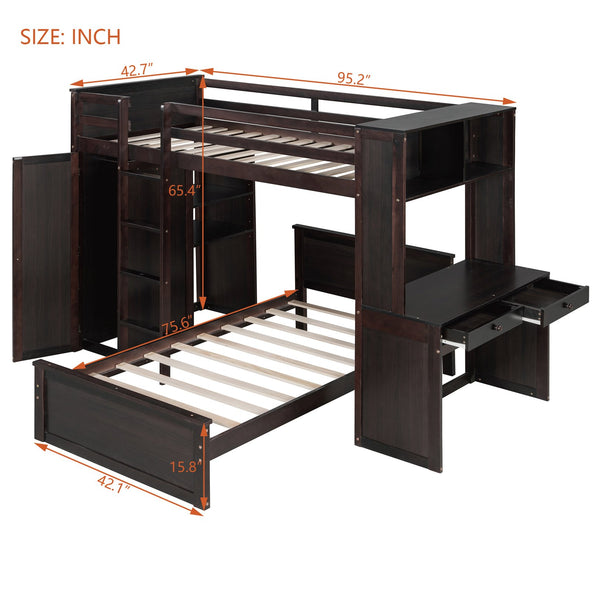 English Elm Twin Loft Bed System with Wardrobe Desk and Shelving for Kids Shared Bedroom Espresso LT000820AAP-1