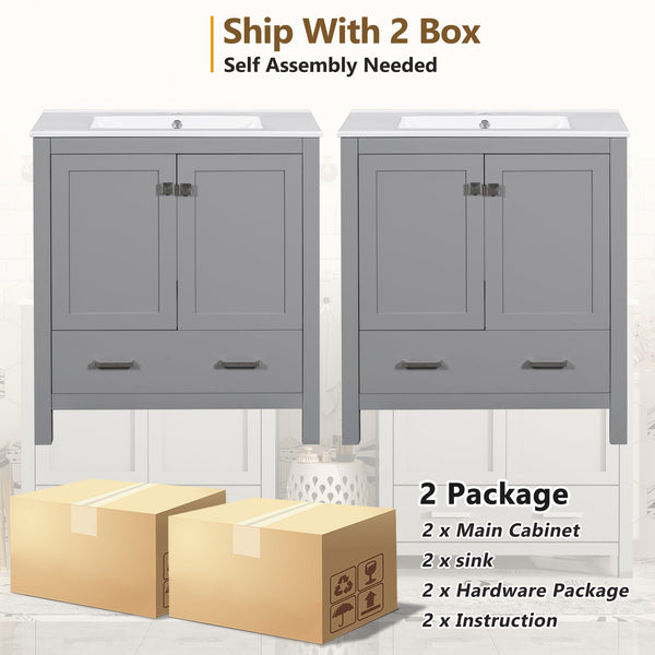 English Elm 60" Grey Bathroom Vanity Set with Double Sinks, Solid Wood, Soft-Close Doors, Divided Drawers & Storage Shelves for Spacious Modern Baths N729P000001E