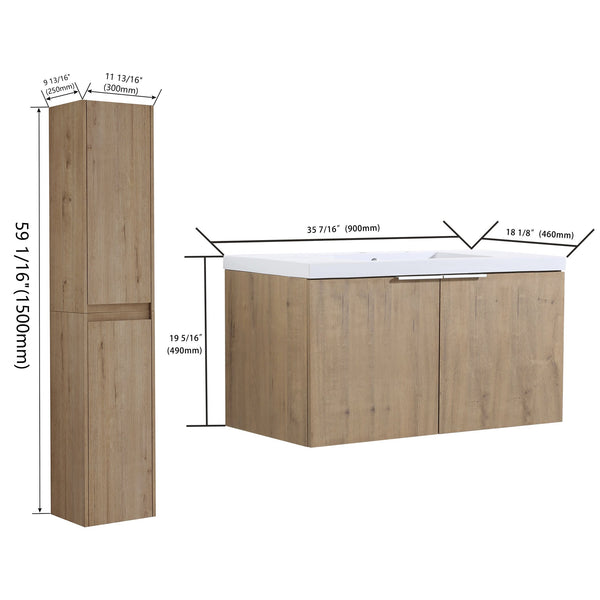 English Elm 36" Wall-Mounted Bathroom Vanity With Sink & Side Cabinets – Modern Soft-Close Design & Storage Solutions W999S00223