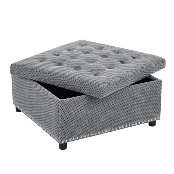 English Elm Storage Ottoman Tufted Nailhead Trim Lift Top Footstool for Living Room or Bedroom Light Gray W5568P447080
