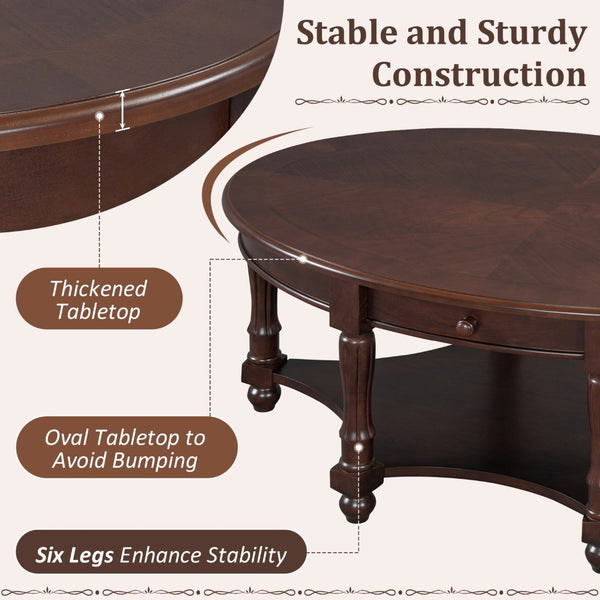 English Elm Vintage Oval Coffee Table With Drawer And Open Shelves, French Country Style Accent Table In Walnut N735P277388D-GIGA