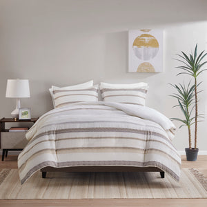 English Elm King/Cal Striped Clipped Jacquard Duvet Cover Set – Taupe Gray Geometric Design, Antimicrobial Reverse B03597384