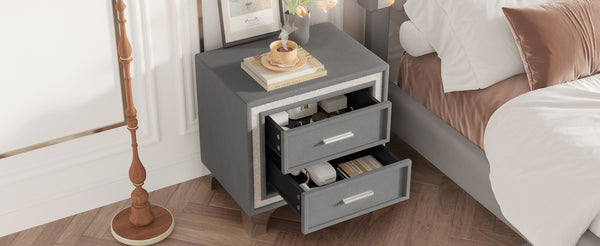 English Elm Mid Century Nightstand Velvet 2-Drawer Bedside Table with Metal Legs, Retro Space-Saving Storage and Durable Finish Gray 23.5 L x 19 W x 17 H N733P183659E