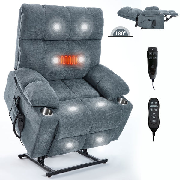 English Elm Dual Motor Power Lift Recliner with Massage Heat and Leatherair Upholstery for Living Room Grey-Blue W3224P294319
