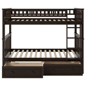 English Elm Twin Over Solid Pine Bunk Bed with Rolling Drawers and Convertible Platform GX000240AAP