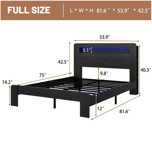 English Elm Bed Frame Full Size - Stylish Wood Platform With Led Headboard, Usb Ports, And Ample Storage Space W636P265351