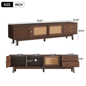 English Elm Mid Century Modern TV Stand with Rattan Sliding Doors, Solid Wood Legs, Drawers & Waterproof Top N710P257617P