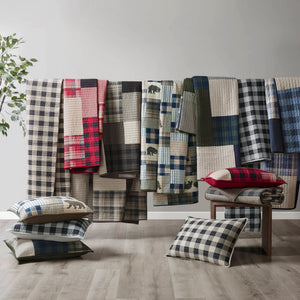English Elm 3-piece King Cotton Patchwork Quilt Set Navy Denim White Plaid Heirloom Bedding B035P463258
