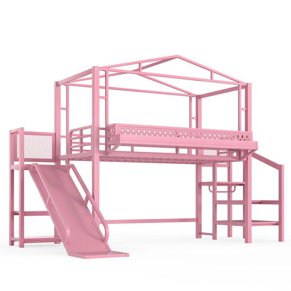 English Elm Twin Metal Loft Bed with Built-in Wardrobe Storage Stairs Led Lights and Usb Ports W5316S00046