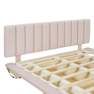 English Elm Queen Upholstered Floating Bed with LED Lighting, Hydraulic Lift, 4 Storage Drawers, Velvet Luxury Pink SF000132AAH