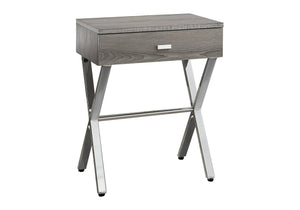 English Elm Accent Elegant Modern Side Table with Glossy Laminate, Chrome Base and Drawer for Living Spaces taupe 22 L x 14 W x 7 H B2710P219242