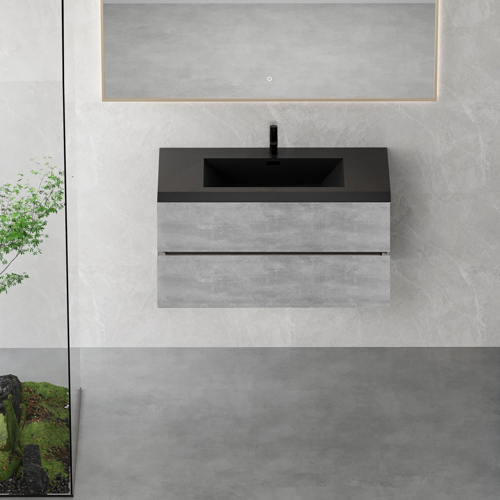English Elm 42'' Floating Bathroom Vanity Smoked Walnut Fluted Drawer Matte Black Quartz Basin W1920P385535
